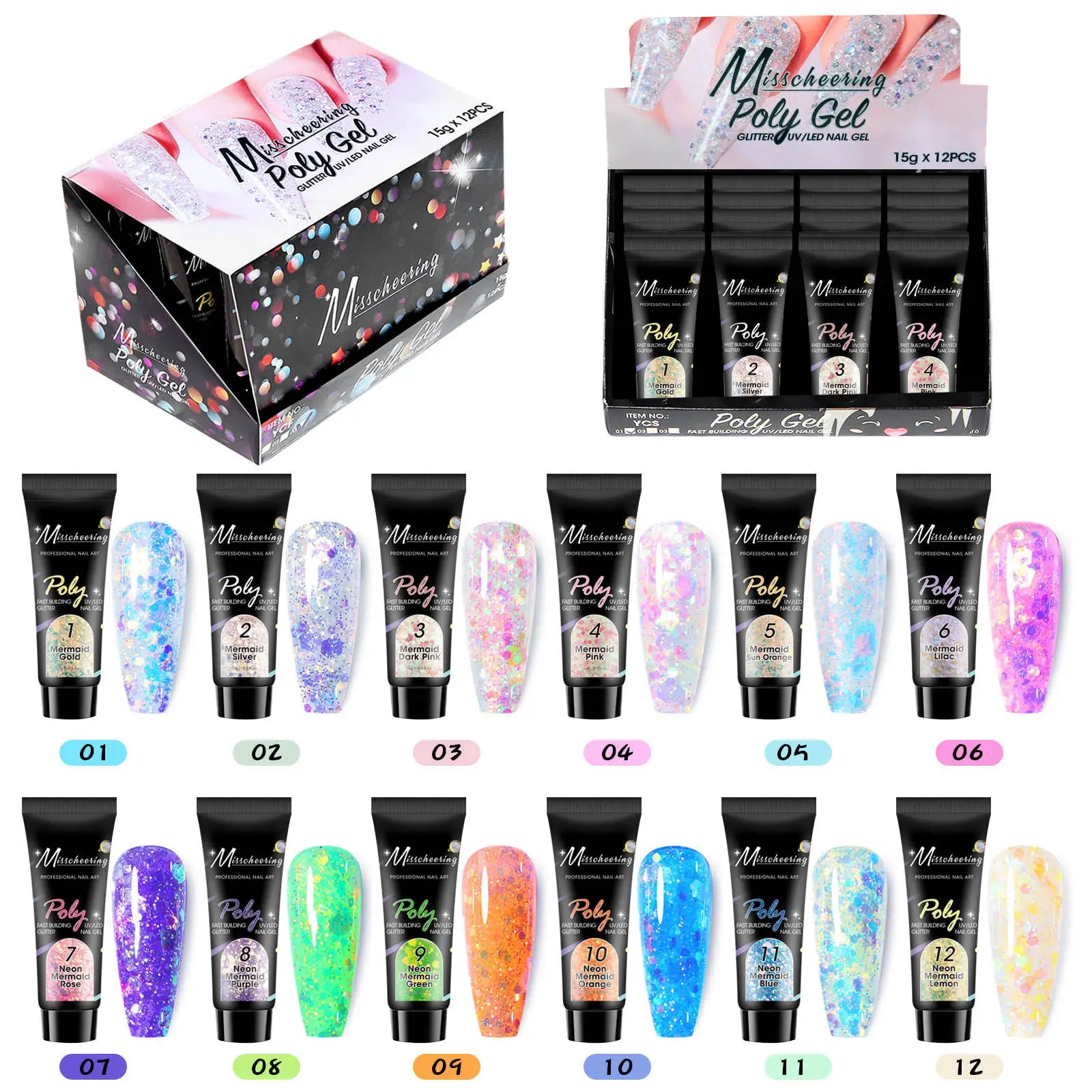 12pcs Different Colors Acrylic Nail Set Kit Extension Professional Supplies Clear Acryl Polish Poly Gel Private Label Poly Gel