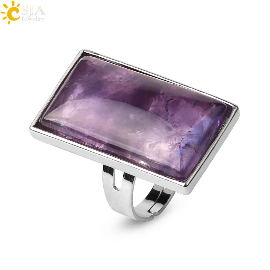 CSJA Wholesale Rectangle Natural Stone Turquoise Crystal Ring Adjustable Rose Quartz Tiger Eye Men Women Ring G456