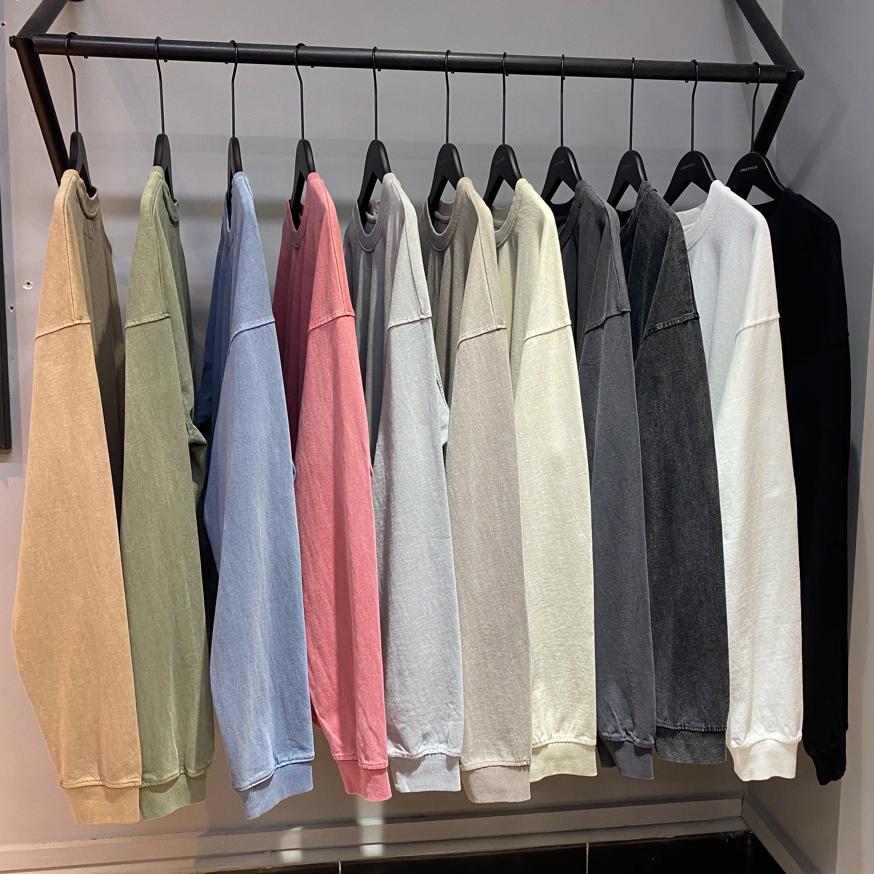 Custom O-Neck Heavy Weight Oversize Long Sleeve Vintage Washed Street Style Anti-Wrinkle Breathable Eco-Friendly 310 GSM T-Shirt