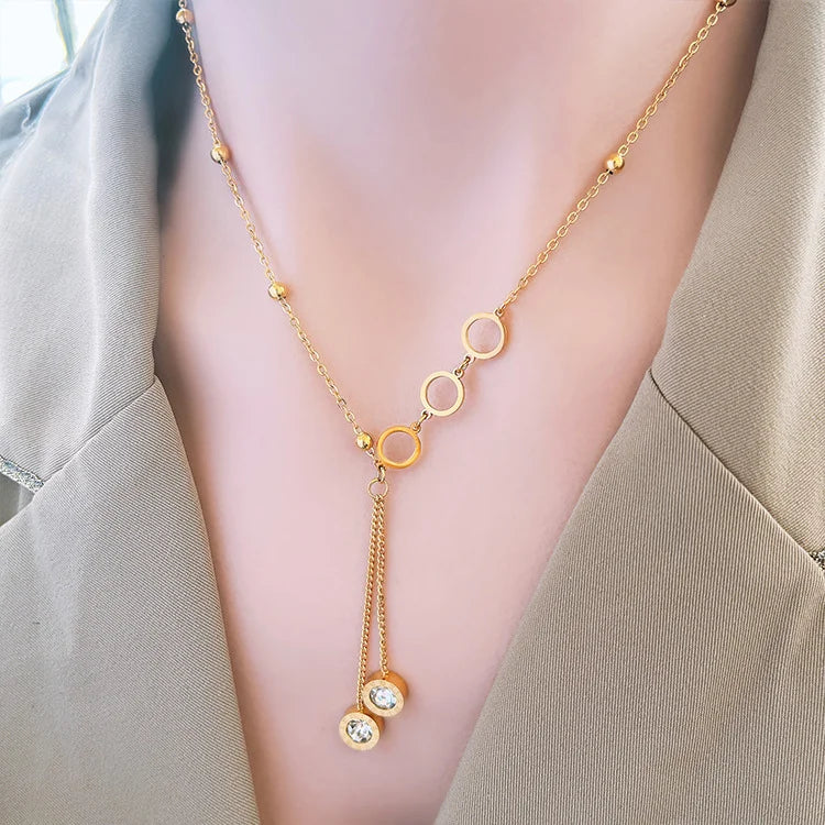 Nabest Women Asymmetric Geometric Ring Pendant Clavicle PVD Stainless Steel Roman Numerals Rhinestone Necklaces Jewelry