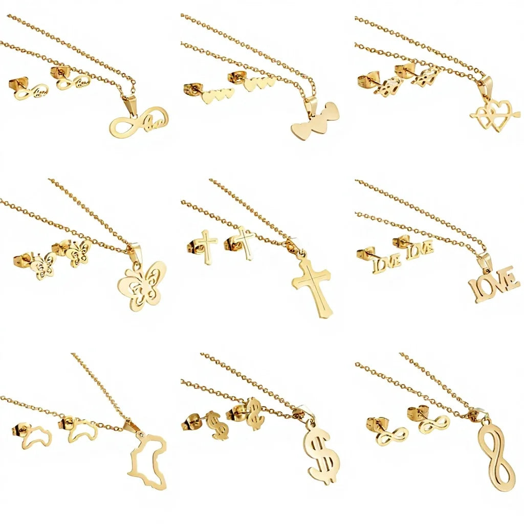 RisingMoon 2023 Fashion Hot Sale 18K Gold Plated Stainless Steel Set Heart Butterfly Necklace and Earrings Set for Women