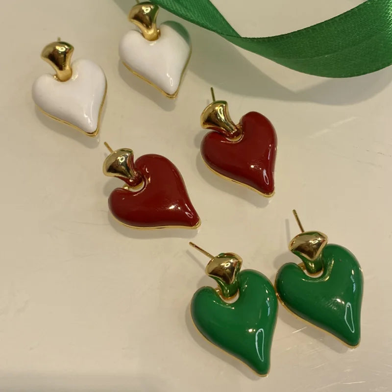 Vintage Solid Enamel Heart Stud Earrings 18K Gold Plated Oil Drip Red Love Heart Earrings 2022