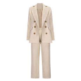 S-XXL Suit Set Autumn and Winter New Big Polo Collar Double Breasted Suit Coat Casual Straight Leg Pants Set