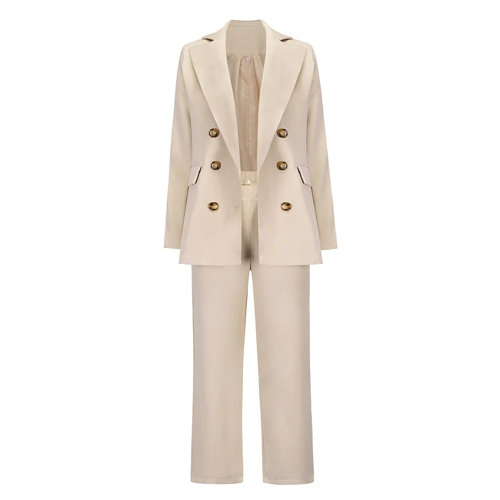 S-XXL Suit Set Autumn and Winter New Big Polo Collar Double Breasted Suit Coat Casual Straight Leg Pants Set
