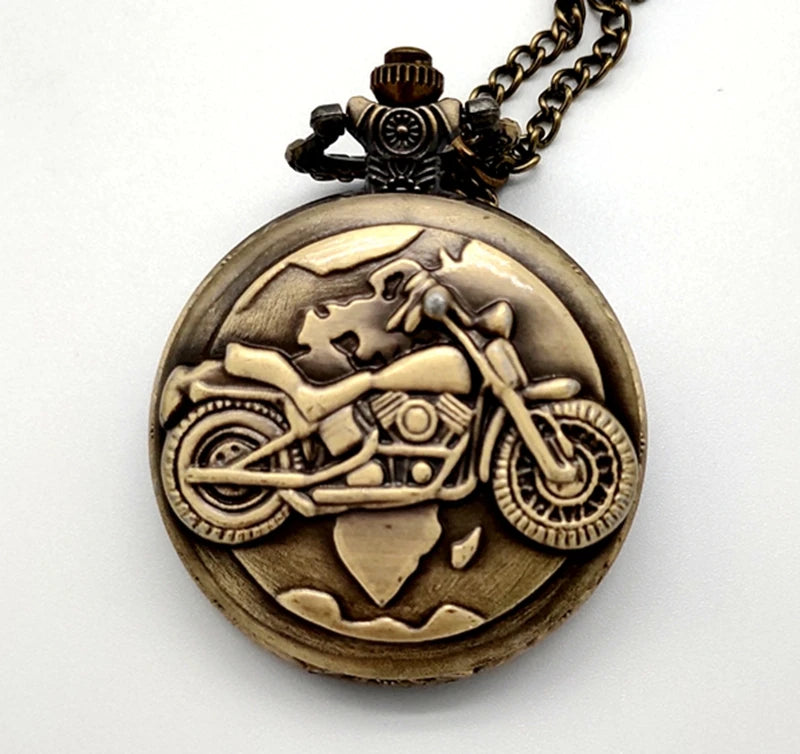 Quartz Bronze Skull Silver Vintage Clock Necklace Chain Pendant Motorcycle Pocket Watches