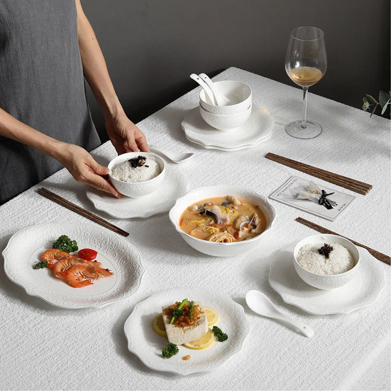Ceramic Embossed Western Food Dinnerware Set High Color Value Rice Bowl and Plate Combination for Home Use