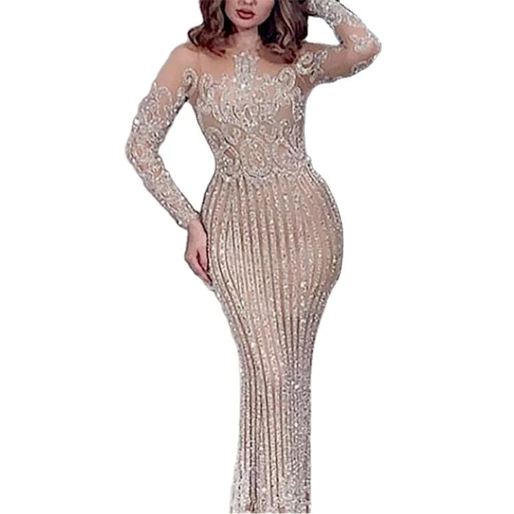 2023 New Cross-border Foreign Trade Women's Independent Stand Ebay Sexy Hot Gold Long Sleeve Ball Dress New