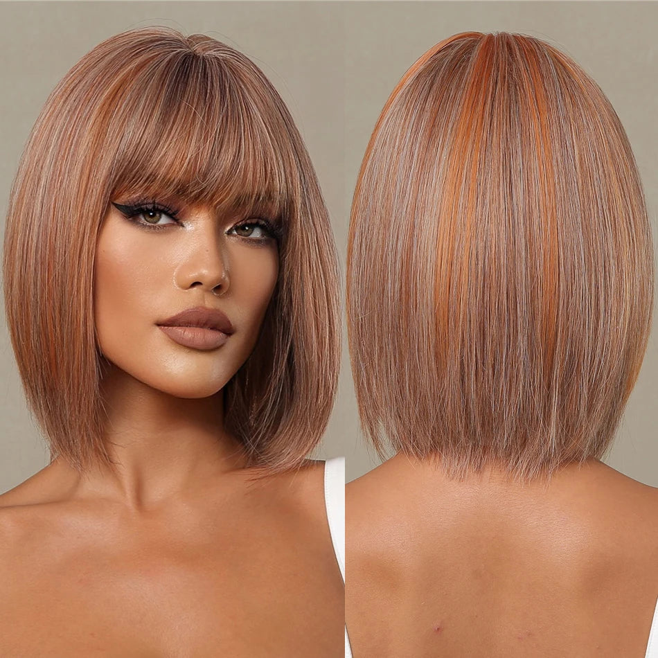 Factory Outlet Short Bob Wig with Bangs Copper Synthetic Wigs for Women Afro Brown Straight Hair Natural Wig Heat Resistant
