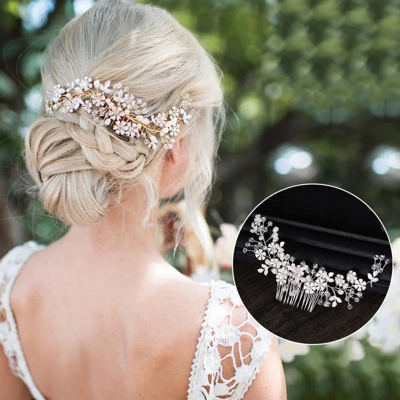 Bridal Hair Accessories Handmade Pearl Hair Comb Alloy Flower Hair Comb Ornaments Wedding Accessories