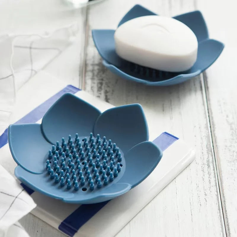 Non-Slip Soap Holder Silicone Soap Dish with Drain Lotus Shower Steamer Tray