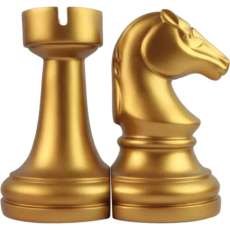 Hot Sale Luxury Gold Chess Resin Bookends Set Matte Metallic Finish Heavy Duty Bookshelf Organizer for Home Office Study Room