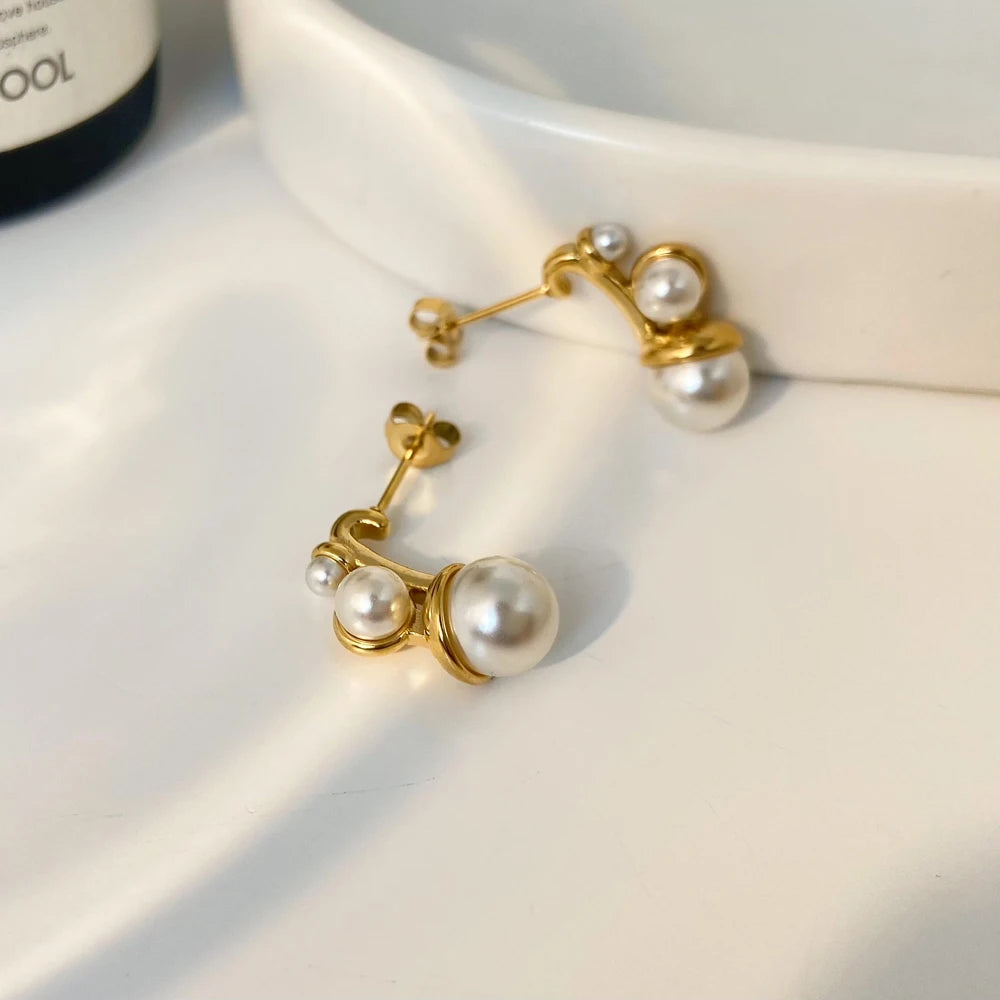 Vintage Style Pearl Earrings Joyas De Acero Inoxidable Art 18k Gold-plated Stainless Steel Daily Female Ear Accessories