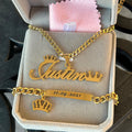 Initial Crown Name Necklace Stainless Steel Carved Date Children's Bracelet Custom Jewelry Set