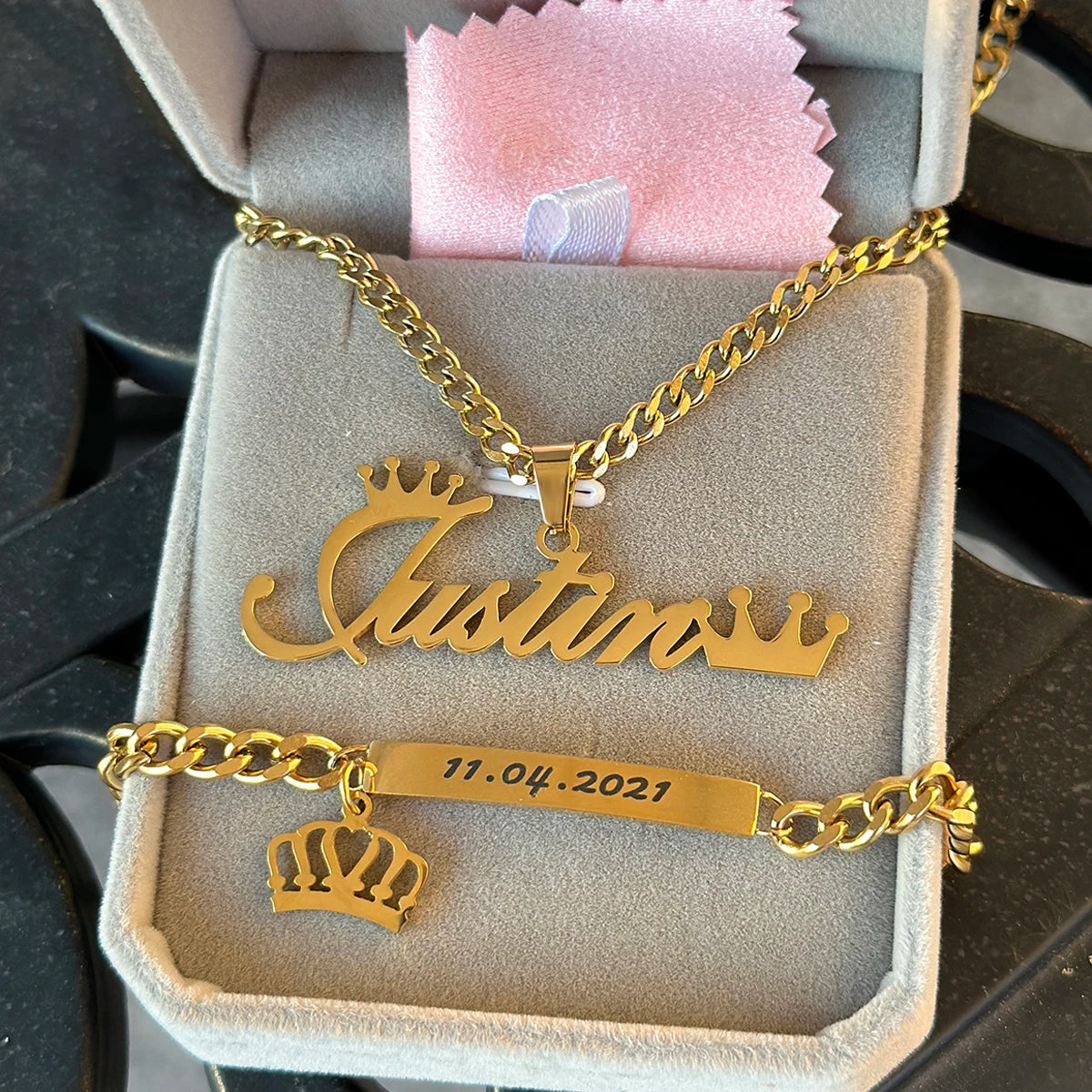 Initial Crown Name Necklace Stainless Steel Carved Date Children's Bracelet Custom Jewelry Set