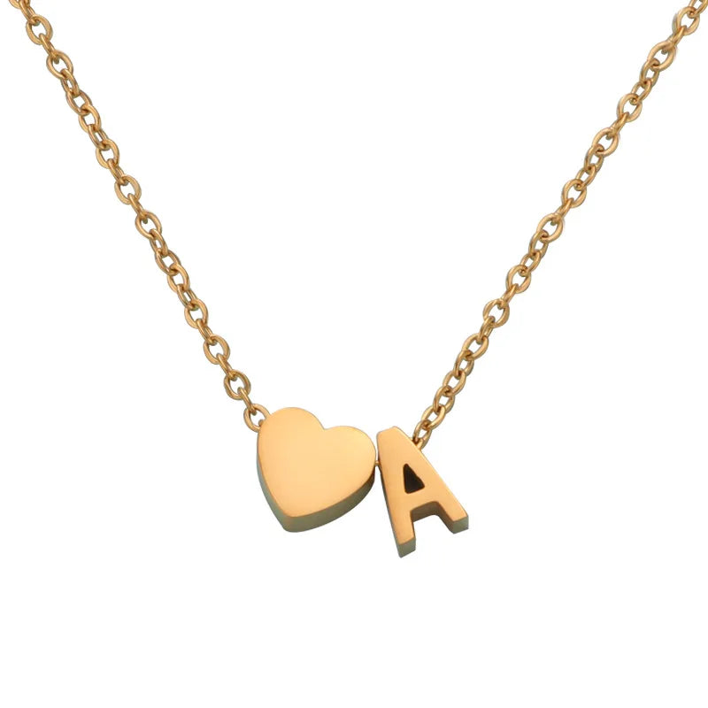 Classic Stainless Steel 18K Gold Heart and 26 Initial Alphabet Letter Necklace Link Chain for Women for Wedding or Party