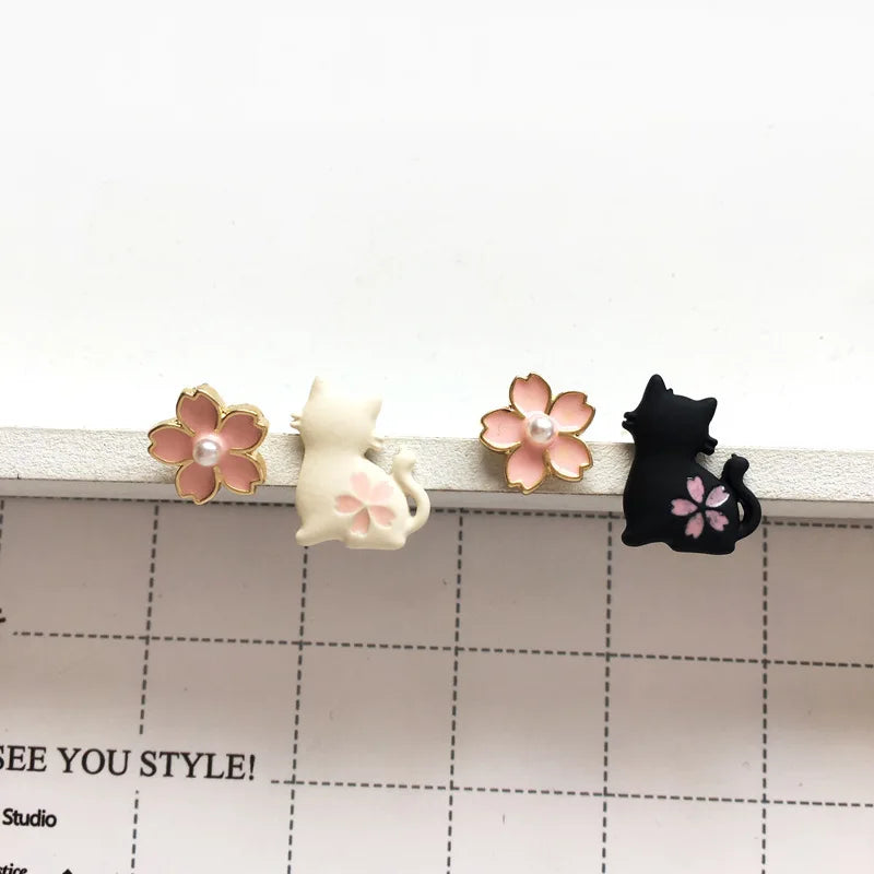 Cute Fairy Tales Animal Rabbit Pearl Stud Earrings Sweet Girls Women Asymmetric Love Heart Daisy Cat Flower Ear Studs Jewelry