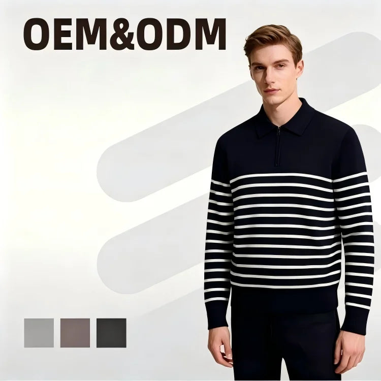 Wholesale Classic Winter Long Sleeve Striated Acrylic Wool Old Money Sweater Men's 1/4 Zip Jumpers With Polo Collars