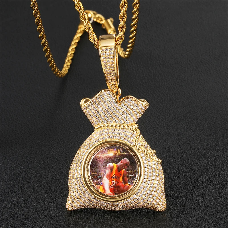 Hip Hop Jewelry Memory Medallions Pendent Iced Out CZ Cubic Zirconia Photo Necklace Money Bag Custom Picture Pendant Necklace