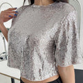 Luxury Soft Cotton Custom Soild Color Sequin Women Crop Tops T Shirts Sexy Sliver Full Body Sequin Women Crop Top T Shirts
