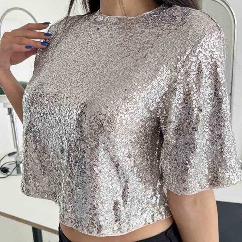 Luxury Soft Cotton Custom Soild Color Sequin Women Crop Tops T Shirts Sexy Sliver Full Body Sequin Women Crop Top T Shirts