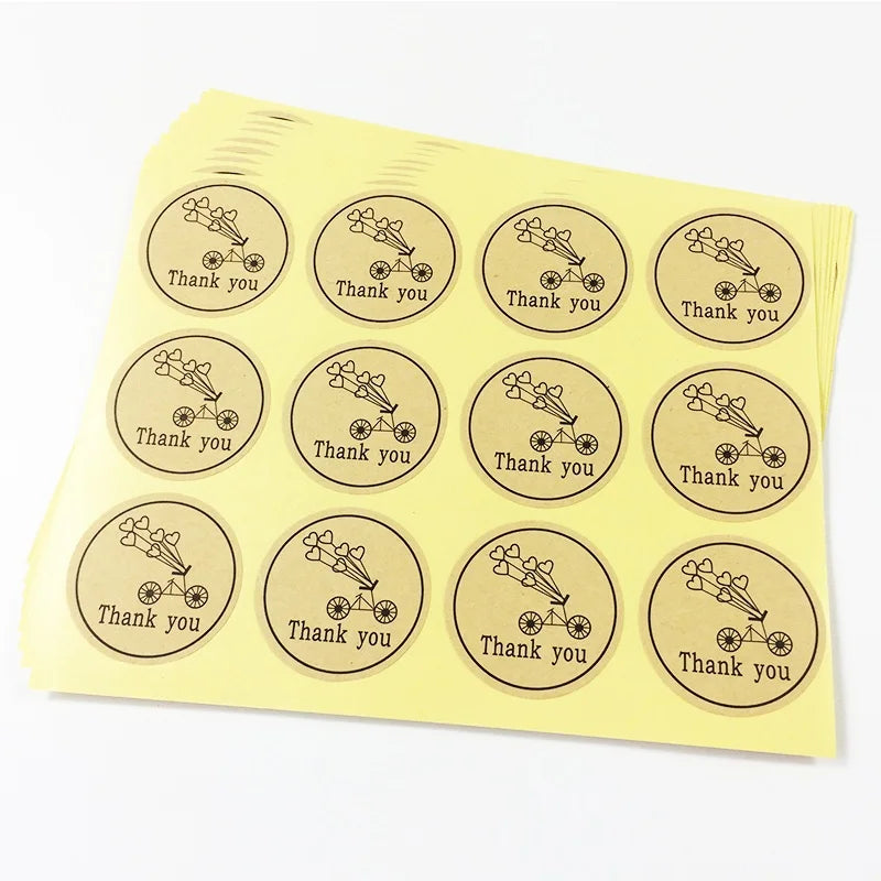 100pcs/pack Round Kraft Paper Seal Sticker Bicycle Heart Holiday Thank You Stickers Packaging Label Material Supplies
