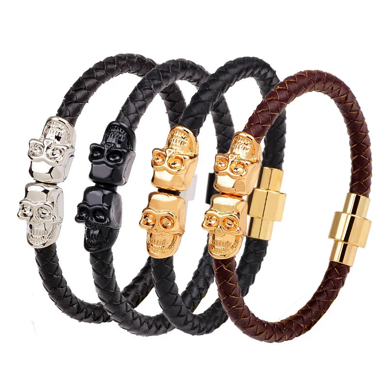 European  American Punk Fashion Jewelry Bracelets Skull Braided Leather Bracelet Wholesale Emo Accessories