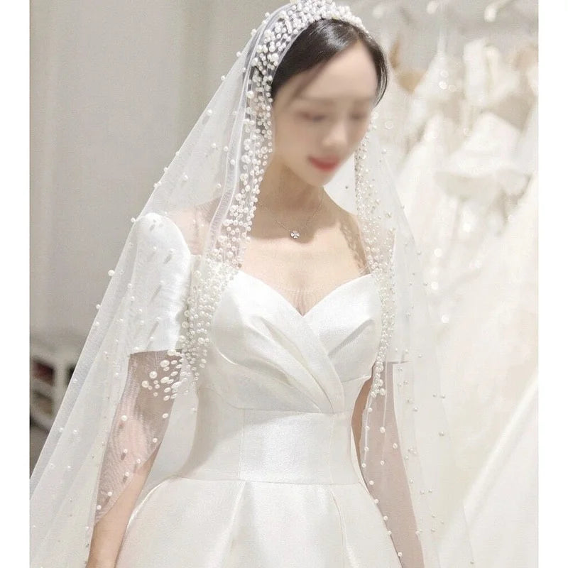 Korean Fairy Wedding Bridal Veil Aesthetic Nail Pearl Long Tailing Veil Simple Luxury Pearl Bridal Veil
