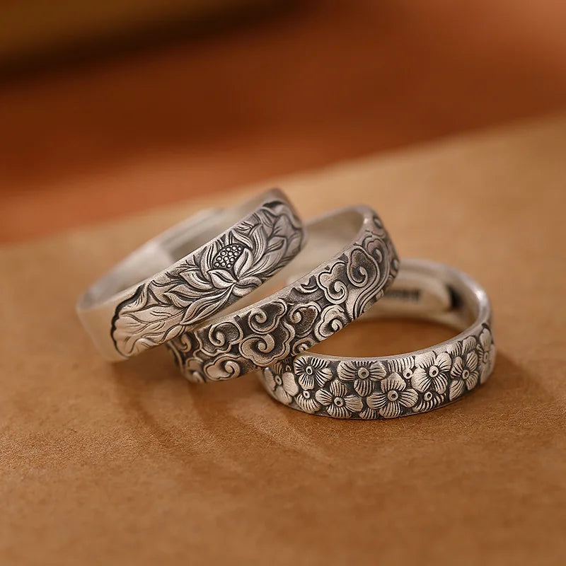 Vintage Style Plum Blossom Lotus Cloud Shape Carved Jewelry Chinese Style S999 Old Design Ring