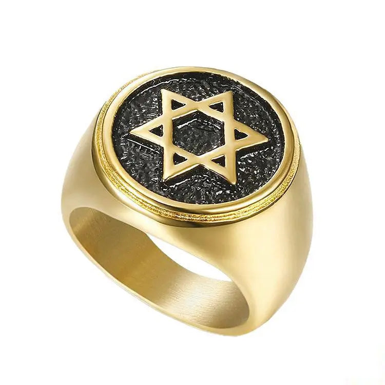 2021 New Hot Style Israel Jewish Ring Stainless Steel 18K Gold Plated Star of David Men's Ring
