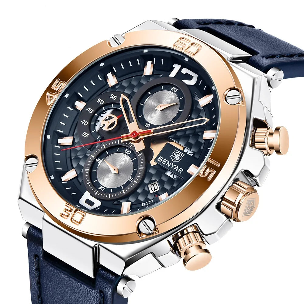 BENYAR Luxury Men Watch Genuine Leather Fashion Clock Men's Waterproof Luminous Chronograph Wrist Man Business Quartz Watches
