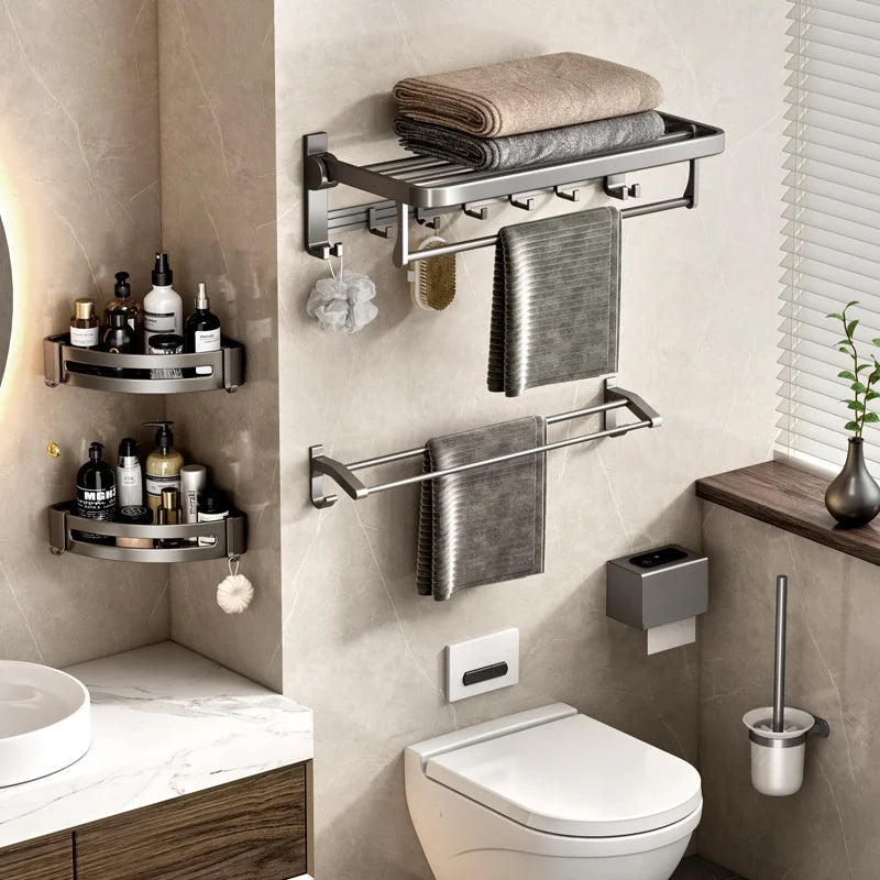 Bathroom Accessories Set Black Wall Mounting Rack Folding Bars Shower Towel Drying Hooks Holder Organizer No Drilling Self Towe