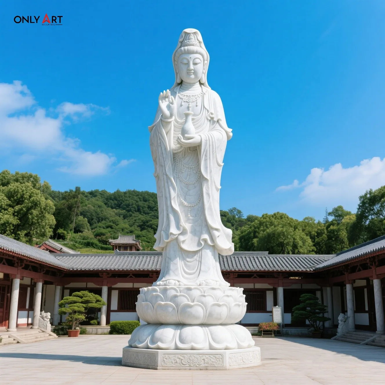 Onlyart Design and Custom Made Chinese Hand-carved Large Size Sculptures White Marble Guan Yin Statue for Outdoor Public Decor