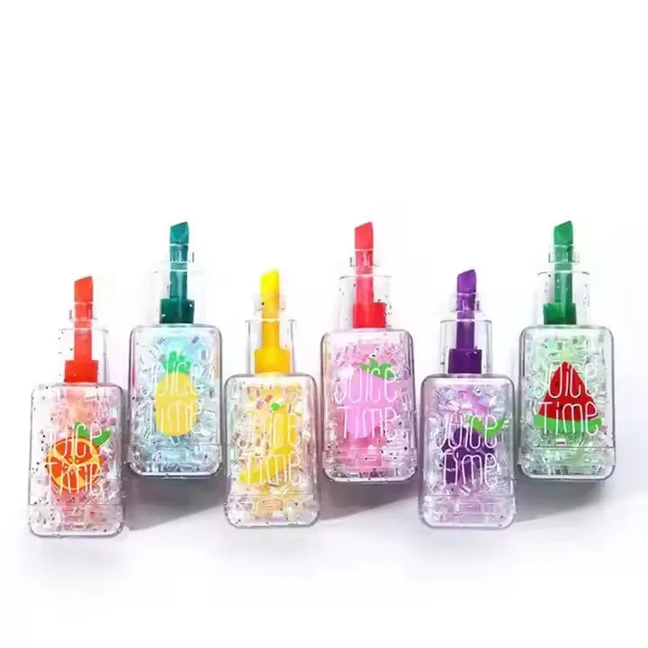Creative Kawaii Doodle Marker Highlighter with Oblique Brush Tip Mini Glitter Nail Polish Bottle Set Cartoon Kawaii Style