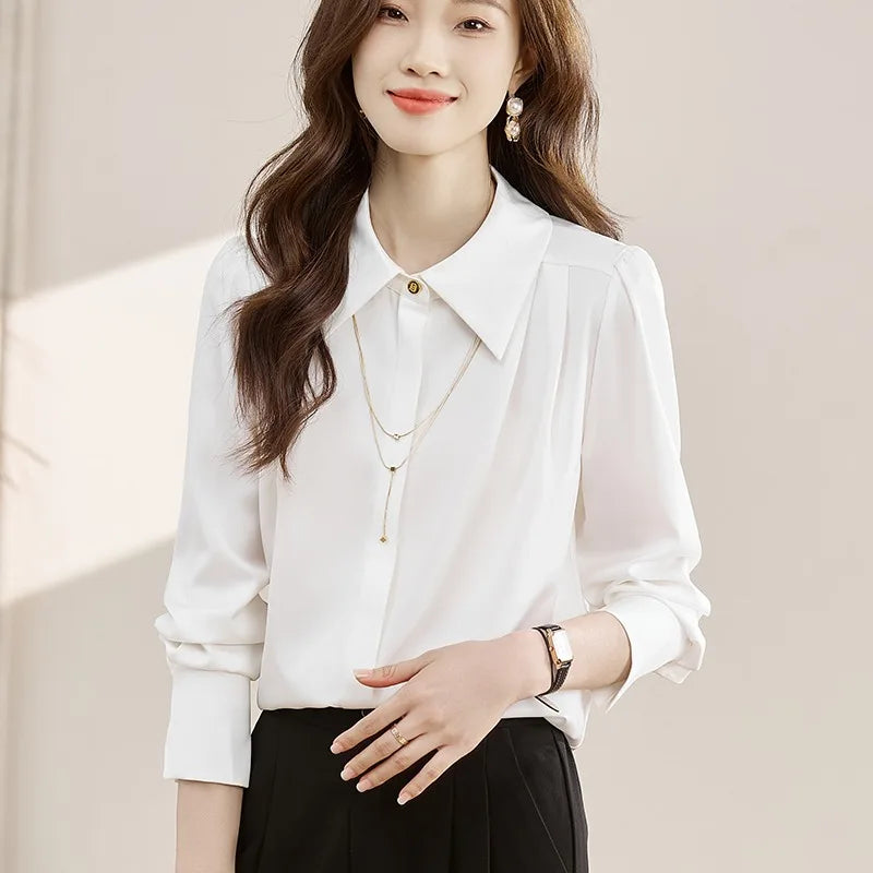 8950# Solid White Elegant Office Blouse for Women Long Sleeve Satin Fashionable Top with Buttons & Necklace