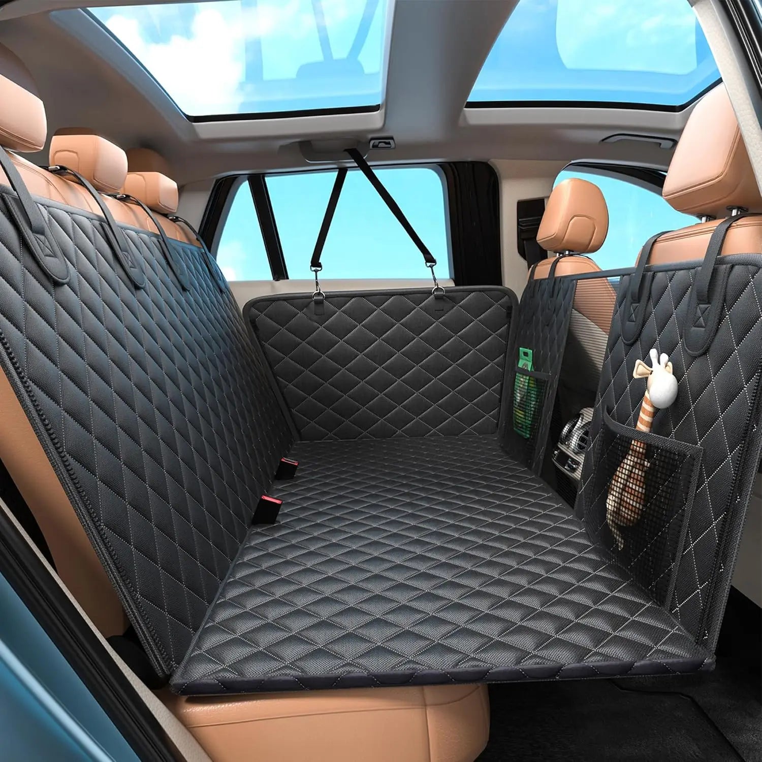 FULED Dog Car Seat Cover Extender Non-Slip Polyester Rear Seat Protector With Hard Bottom Mesh Window and Storage Pocket