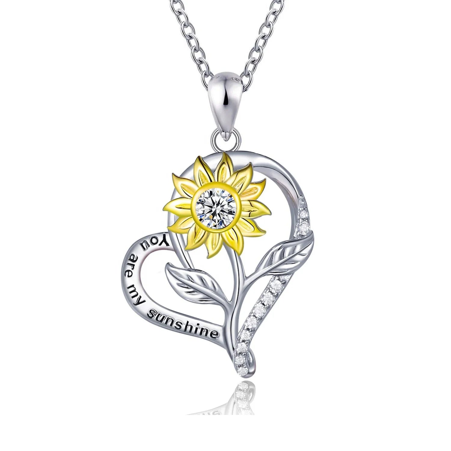 GP108 You Are My Sunshine Pendant 925 Sterling Silver Heart Shaped Sunflower Pendant for Necklace Jewelry for Women