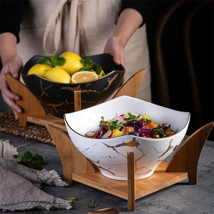Hot Sale Popular Design Restaurant Salad Bowls Personalized Big Ceramic Mixing Bowls with Bamboo Stand