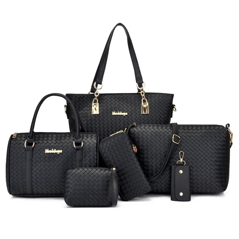 Latest Design PU Leather Woven Women 6pcs Handbag Set Fashion Tote Purse for Ladies