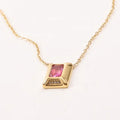 Women Fashion Creative Dainty Jewelry 18k Gold Plated Stainless Steel Rectangle Shape Ruby Inlay Fine Diamond Pendant Necklace