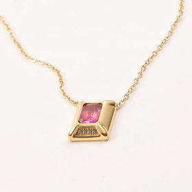 Women Fashion Creative Dainty Jewelry 18k Gold Plated Stainless Steel Rectangle Shape Ruby Inlay Fine Diamond Pendant Necklace