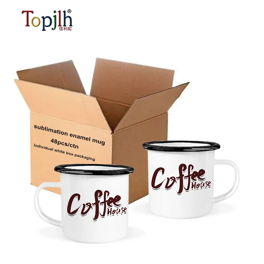 Topjlh 12oz Sublimation Blanks Enamel Mug Black Rim with Handle for Coffee Customized Printed Outdoor Camping Good Coated