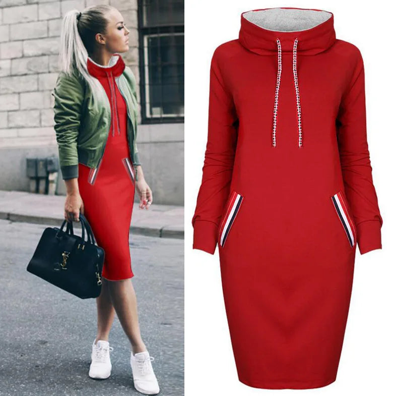 Faddish Spring Ladies Long Sleeve Hooded Dresses Casual Plus Size High Neck Hoodie Dress