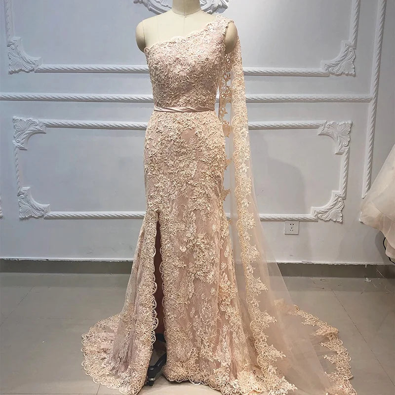 RL006 Latest Design Solid Color One Shoulder Shiny Sequin Party Dresses High Slit Full Length Women Evening Dresses