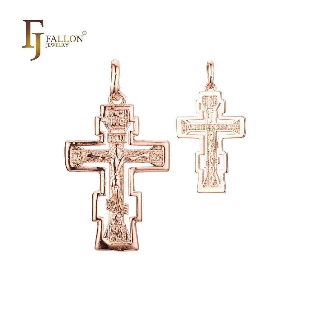 FJ Fallon Fashion Jewelry Russian Orthodox Cross Pendant Plated in Rose Gold Brass Based