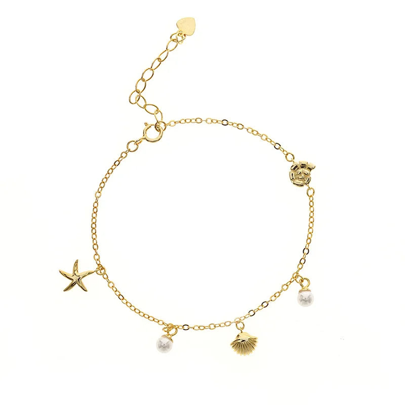 Ins Delicate S925 Sterling Silver Star Pendant Bracelet Gold Plating Shell Pearl Bracelet for Party