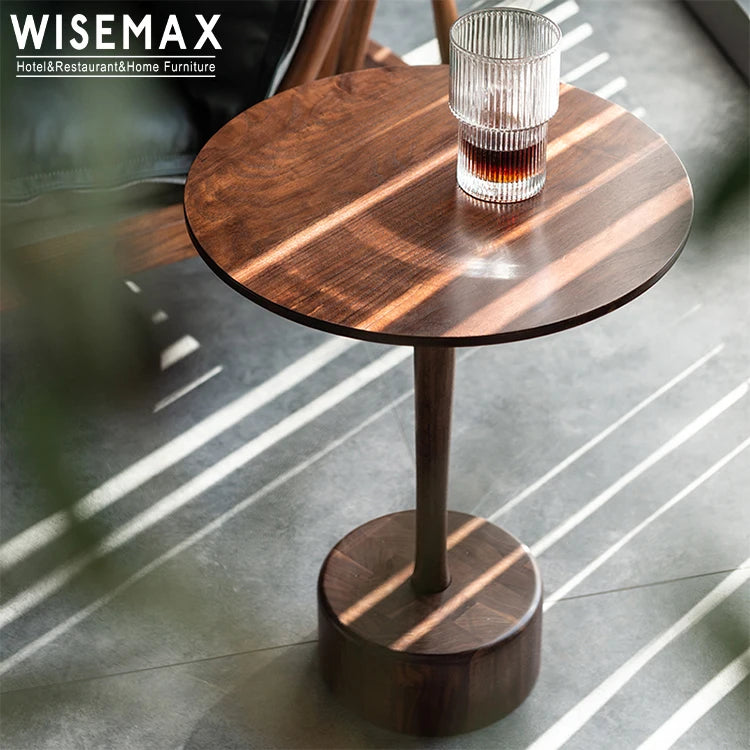 WISEMAX FURNITURE Retro Design Living Room Sofas End Table Walnut Ash Solid Wood Round Coffee Table Side Table for Cafe Shop