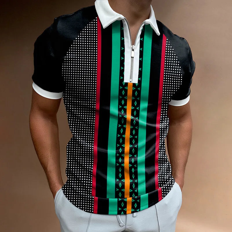 S-3XL POLO Lapel Regular Casual Short Sleeve Shirt Khaki Striped Top Summer Daily T-Shirt Zip Neck