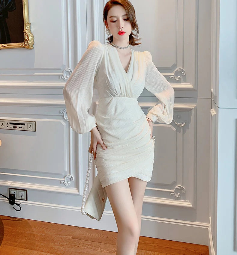ZYHT 5296 Elegant Puff Sleeve Dress Long Sleeve Women's Dresses for Special Occasions Chiffon Glitter V Neck Short Dresses Women