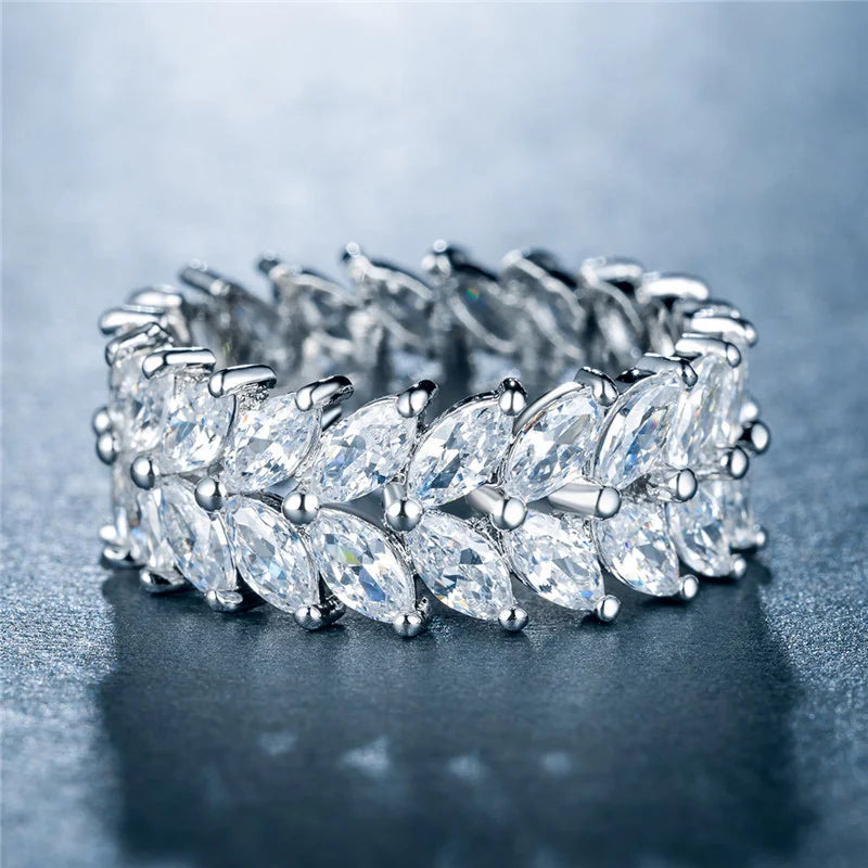 CAOSHI Fashion Engagement Jewelry Silver Chic Marquise Shape Withe Inlaid Zircon Influx Personality for Women Leaves Hollow Ring
