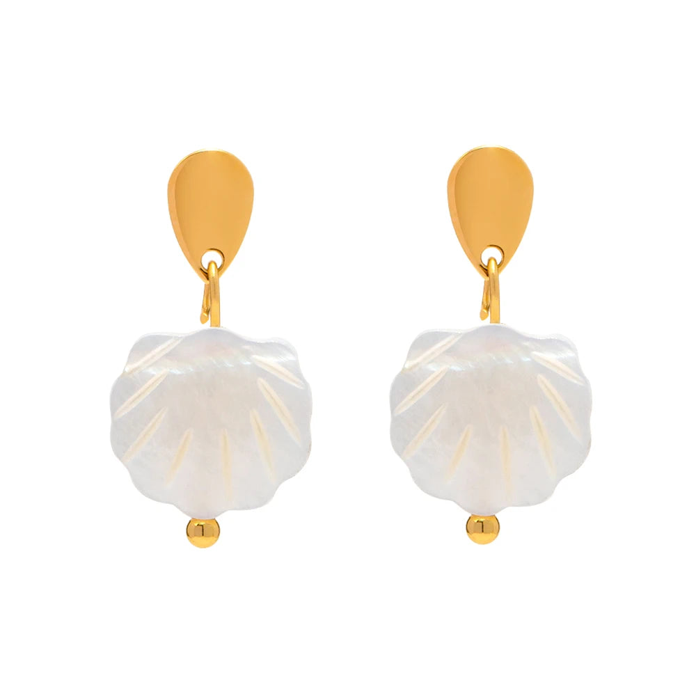 Waterproof 18K Gold Plated Stainless Steel Jewelry Gift Natural Shell Pendant Earrings for Girls